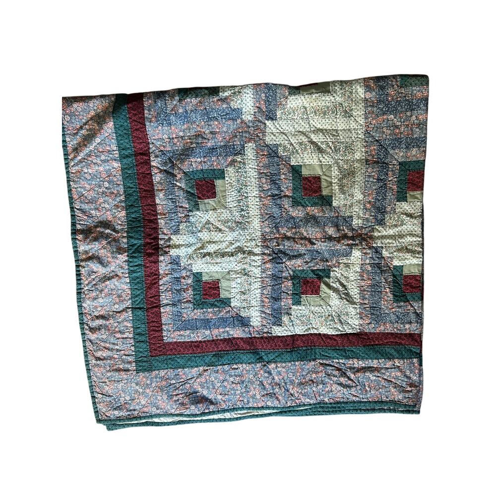 Vintage log cabin design hand stitched quilt 79x78”